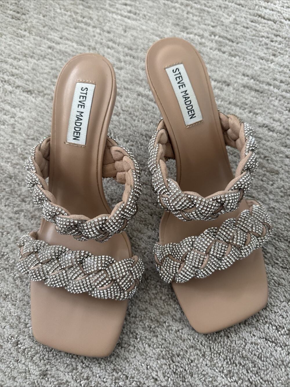 Steve Madden Beige Silver Rhinestone Braided Strap Stiletto Square Toe Heels 8.5